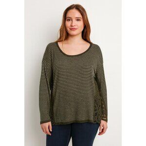 Free People M Striped Long Sleeve Top Olive Lace Accents Cotton Blend Womens Boh